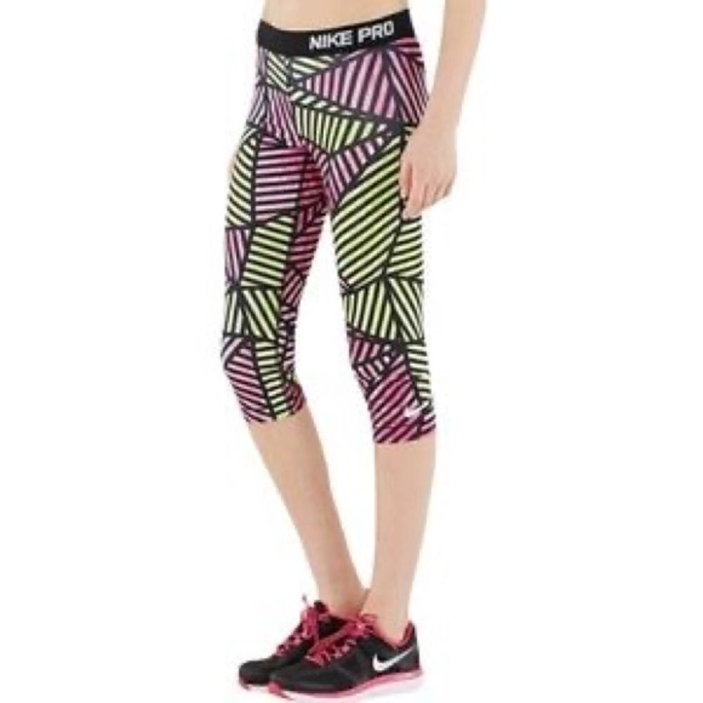 Nike Pro Neon Yellow/Pink Geometric Capri Leggings